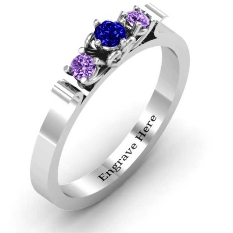 Side view of 3-stone ring with scroll shoulders