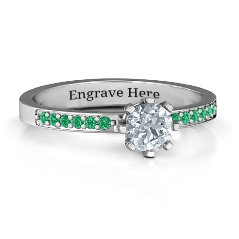 8-prong solitaire ring with twin channel accent stone rows