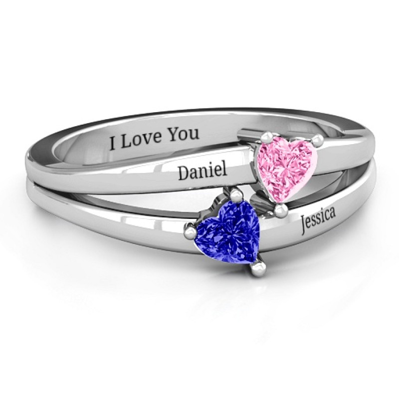 Twin Hearts Engraved Name Ring Twin Hearts Ring shown with two heart-shaped stones and engraved bars