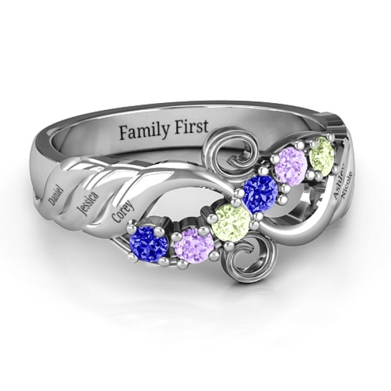 Ariel Wave and Swirl Ring Ariel Wave and Swirl Ring with grooved wave details and round stones