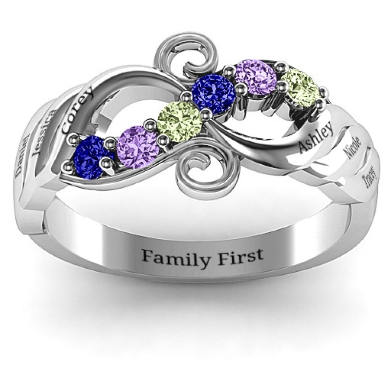Ariel Wave and Swirl Ring Ariel Wave and Swirl Ring with grooved wave details and round stones