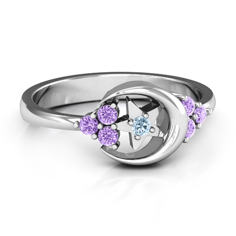 Beautiful Night Moon and Star Birthstone Ring Beautiful Night Ring with moon, star and round accent stones