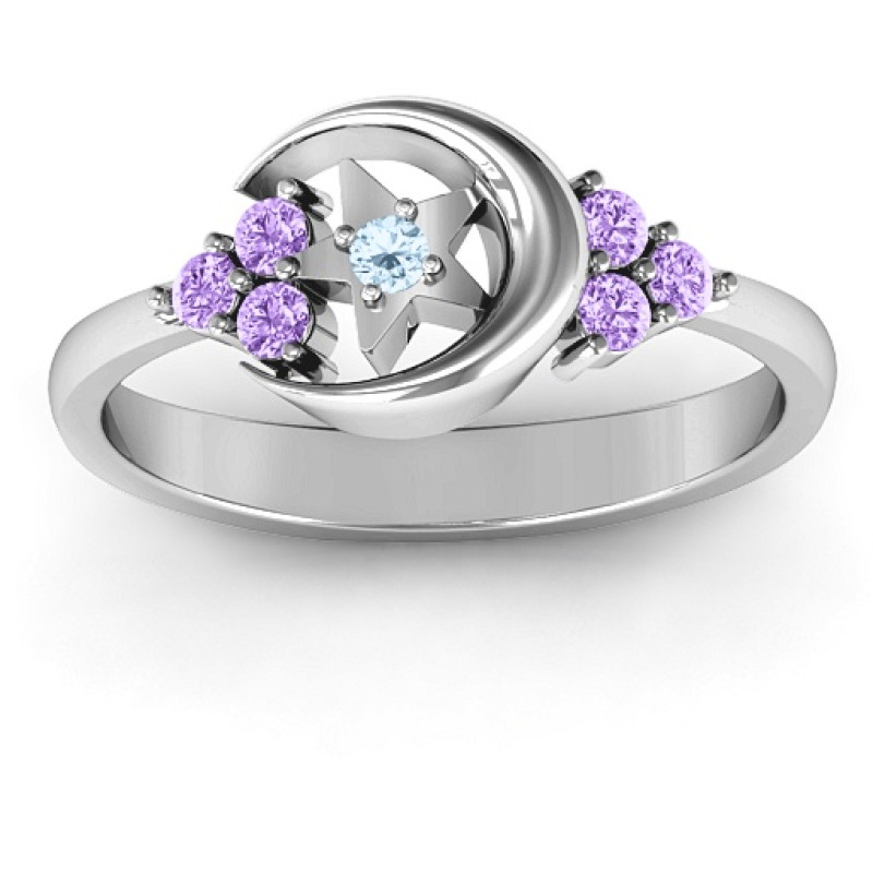 Beautiful Night Moon and Star Birthstone Ring Beautiful Night Ring with moon, star and round accent stones