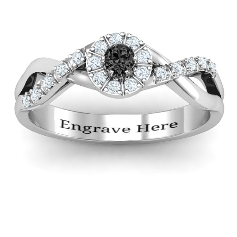 Braided floral cluster ring with a round centre stone and stone-set twisted shoulders