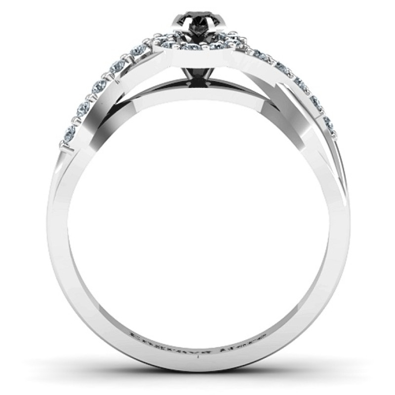 Side view of braided floral cluster ring with stone-set band