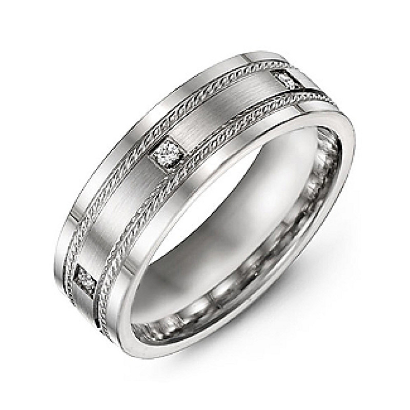 Brushed men's ring with rope edge detail and gemstone accents