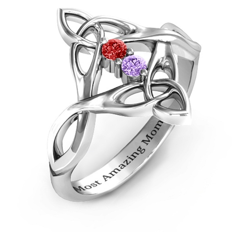 Celtic Sparkle Ring with Interwoven Infinity Band Celtic Trinity Knot ring with two round stone settings
