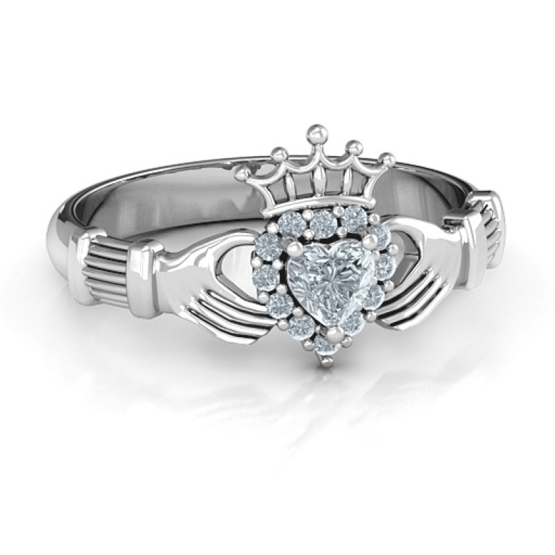 Claddagh with Halo Ring featuring a heart-shaped centre stone and halo setting