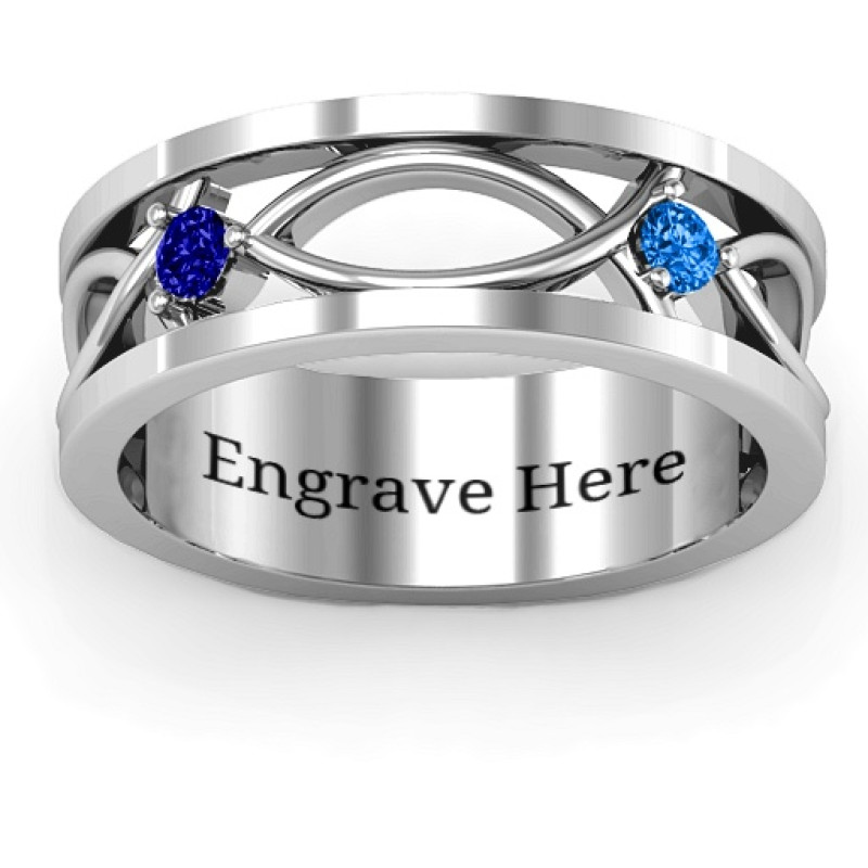 Classic fish men's ring with three fish and two round stones