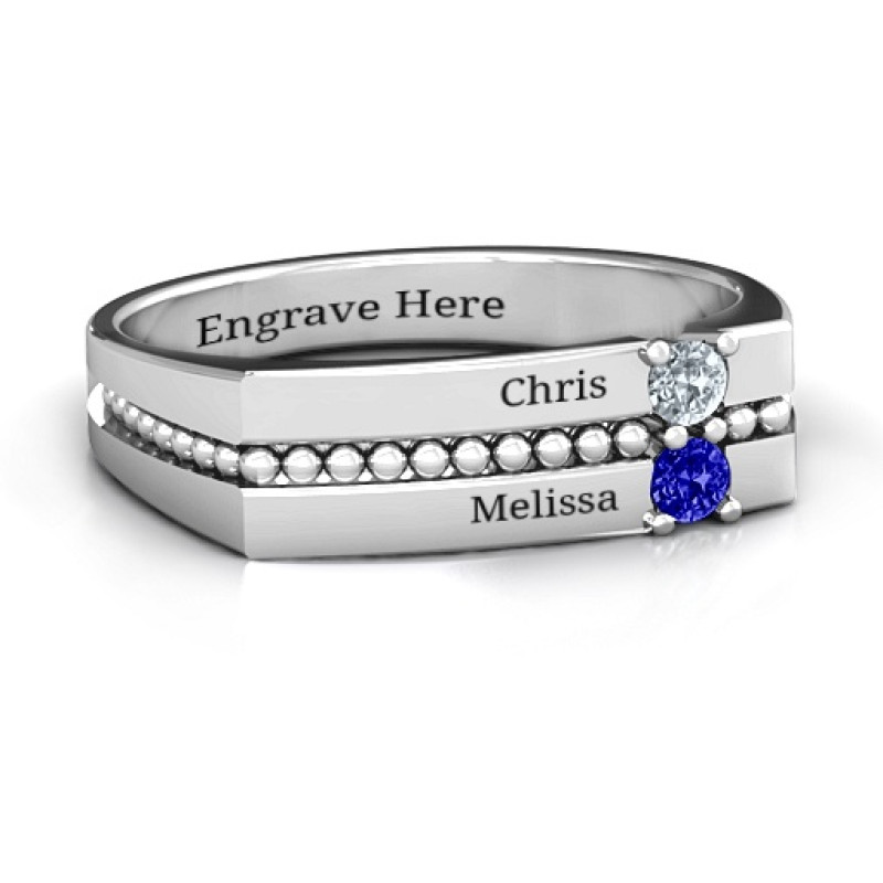 Crevice Beaded Women's Ring with square top and two round stone settings