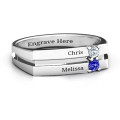 Grooved square-topped women's ring with two round stones