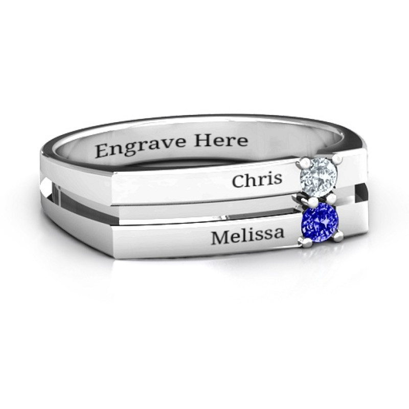 Grooved square-topped women's ring with two round stones