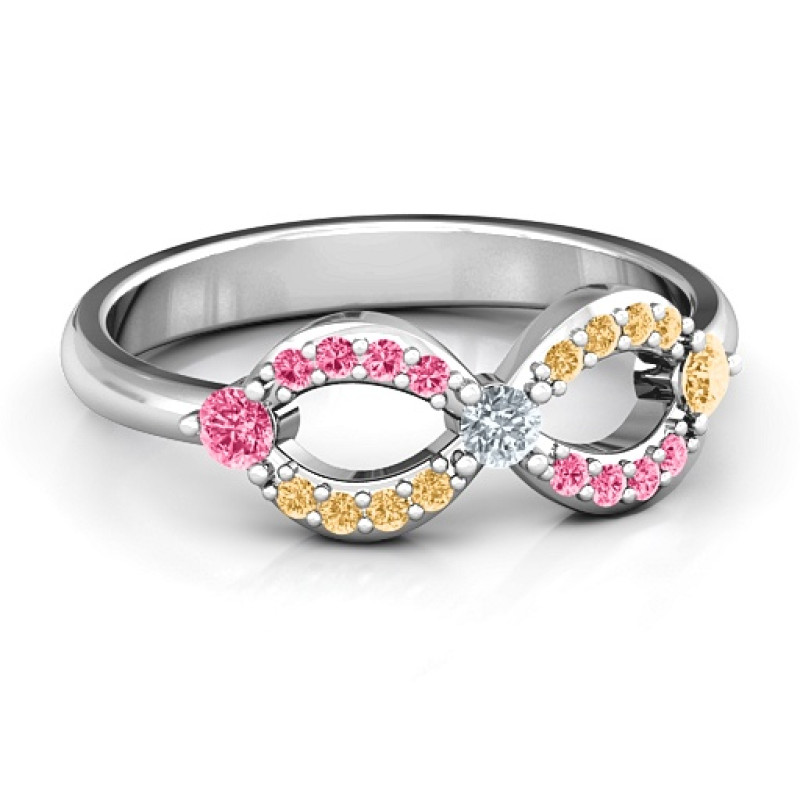 Personalised Infinity Ring with Accents Personalised infinity ring with three centre stones and accent stone groups