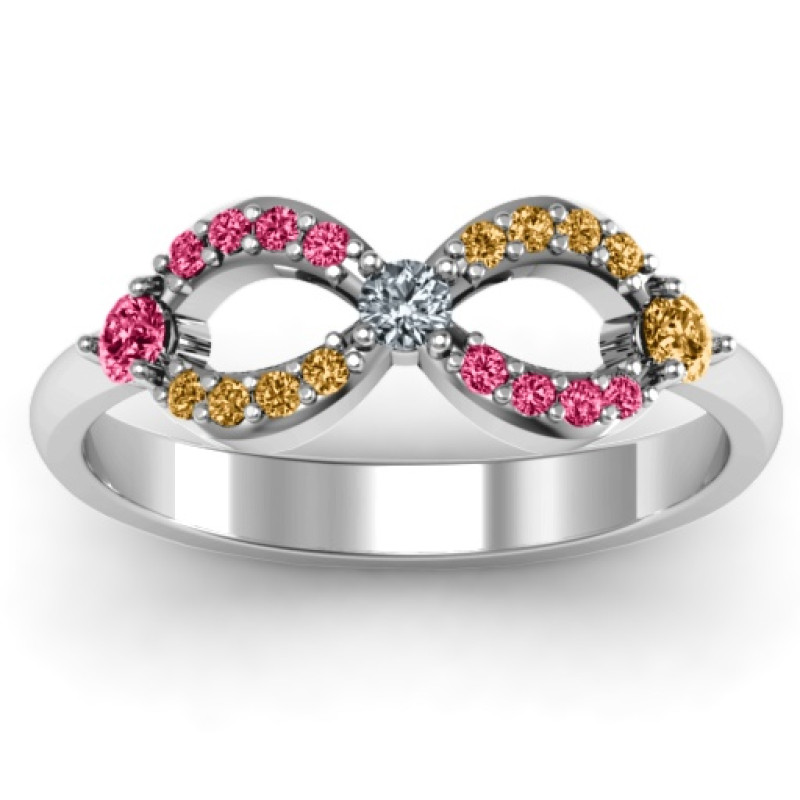 Personalised Infinity Ring with Accents - View 2 Personalised infinity ring with three centre stones and accent stone groups