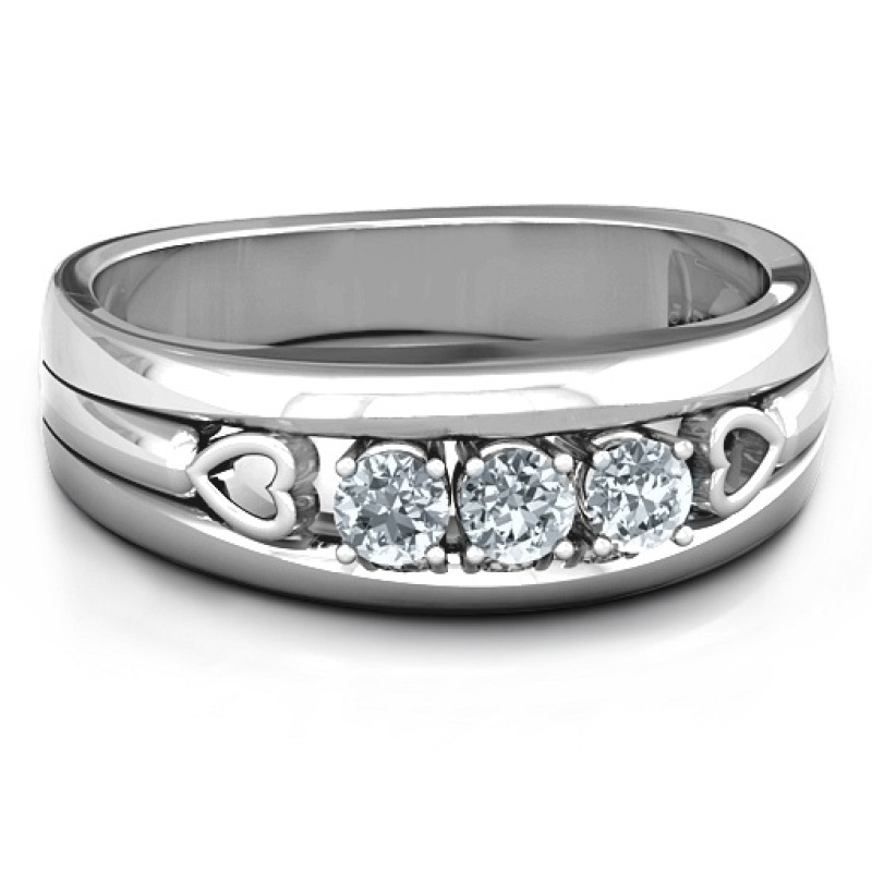 Devotion Ring with three round stones and cut-out heart details