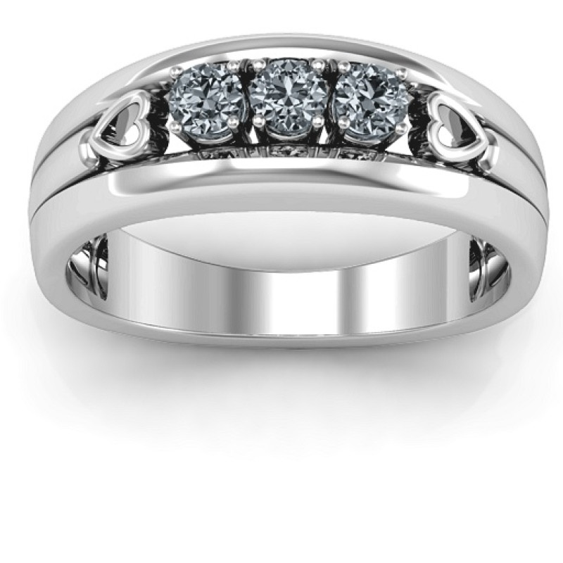 Devotion Ring with three round stones and cut-out heart details