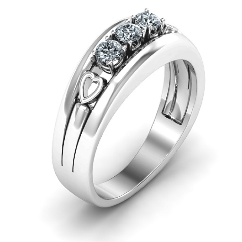 Devotion Ring with three round stones and cut-out heart details