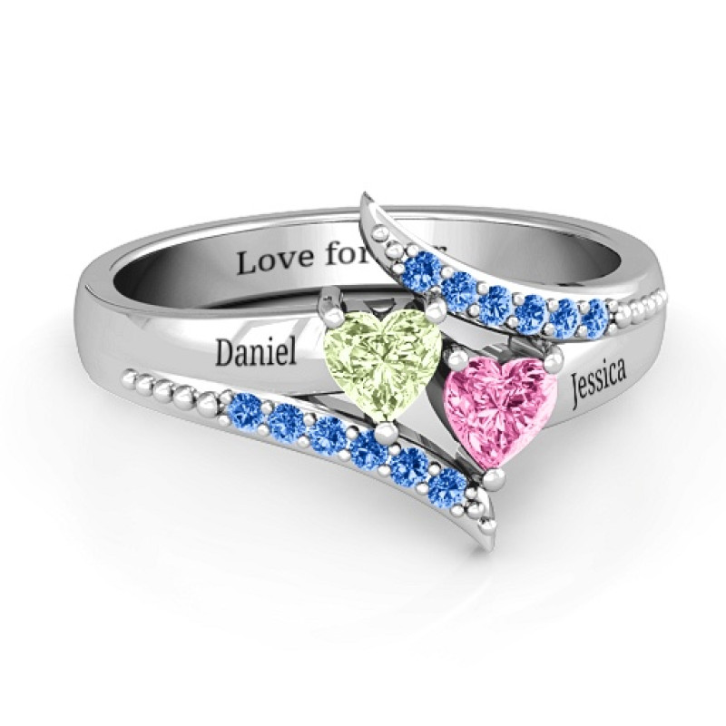 Diagonal Dream Ring with two heart-shaped centre stones and split-shank band