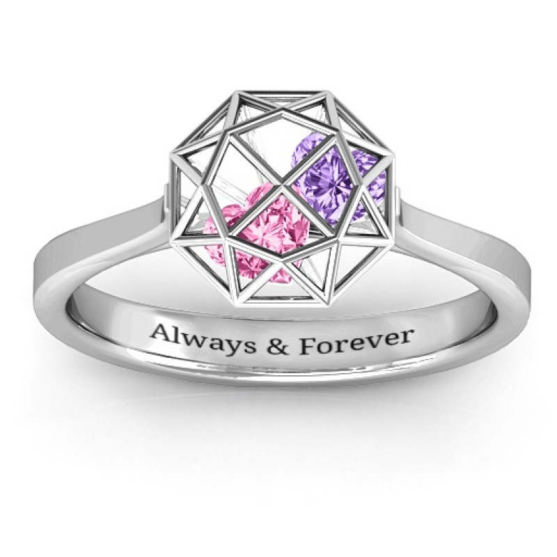 Diamond Cage Ring with Encased Heart Stones - View 2 Diamond cage ring with encased heart stones