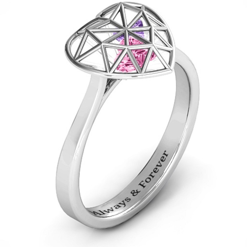 Diamond Heart Cage Ring Product View Diamond Heart Cage Ring with encased heart stones product view