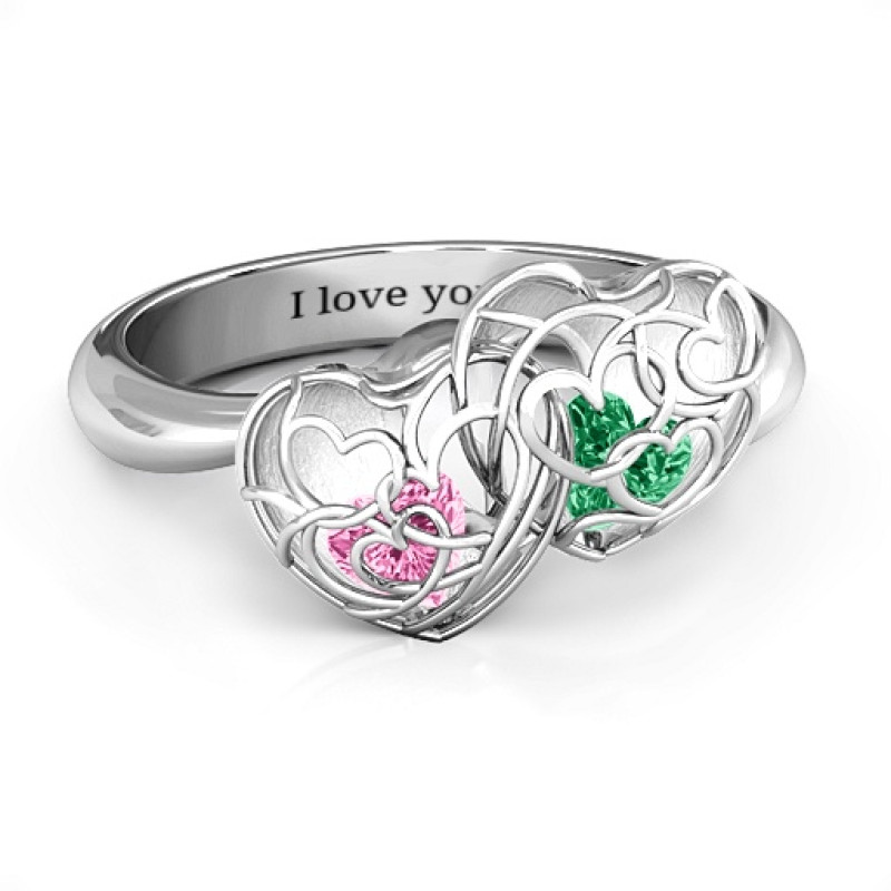 Double Heart Cage Ring with Heart Birthstones Double heart cage ring with heart-shaped birthstones