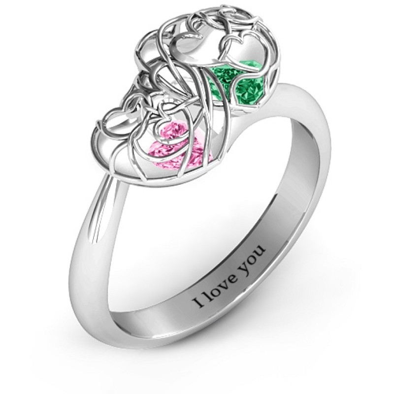 Double Heart Cage Birthstone Ring Double heart cage ring with heart-shaped birthstones product image