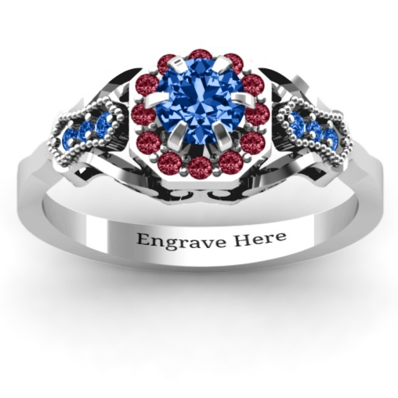 Fancy Vintage Ring with octagonal centre-stone frame and side accents