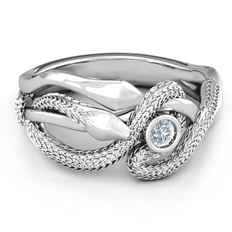 Guardian Snake Ring with two snakes surrounding a round centre stone