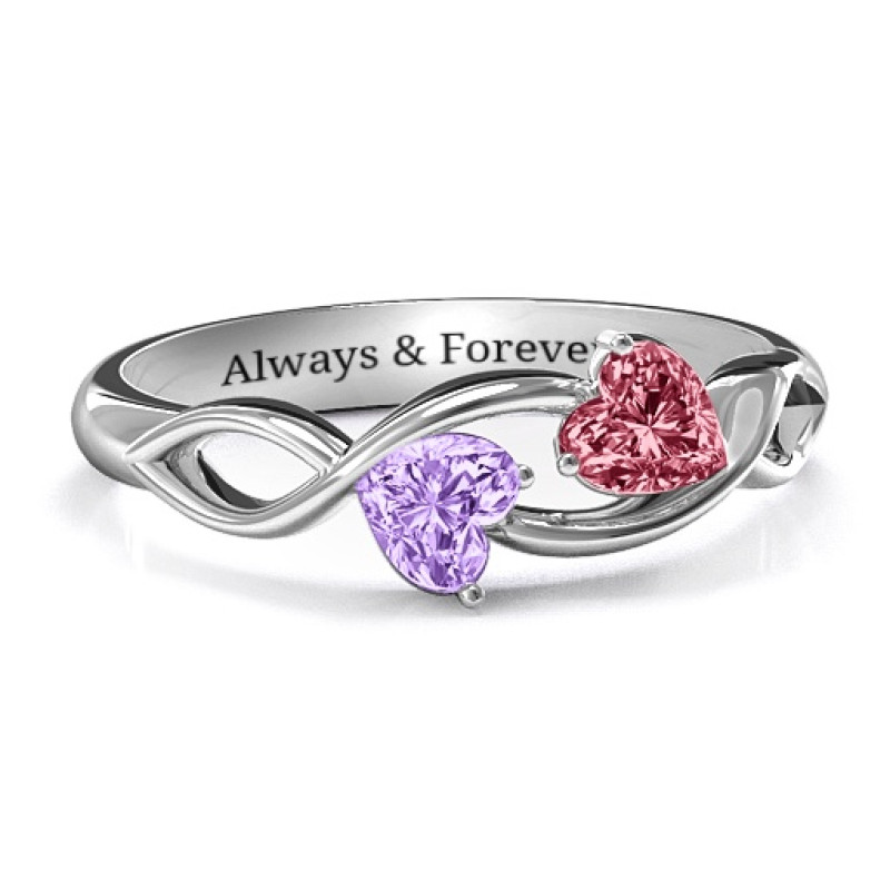 Heavenly Hearts Ring with Heart Gemstones Heavenly Hearts ring with two heart gemstones and an interwoven infinity-style band
