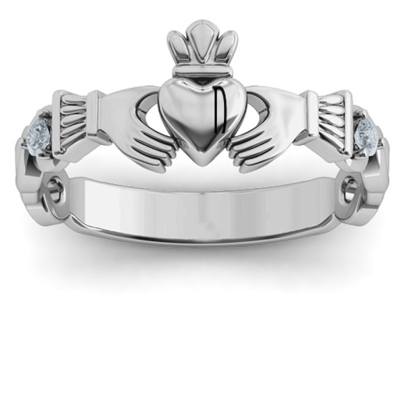 Infinity Claddagh ring with side stones, alternate view