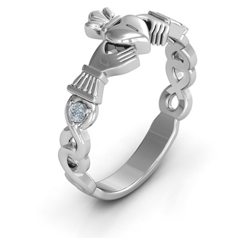 Infinity Claddagh ring with side stones, alternate view
