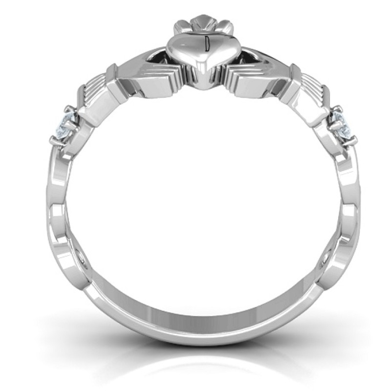 Infinity Claddagh ring with side stones, alternate view