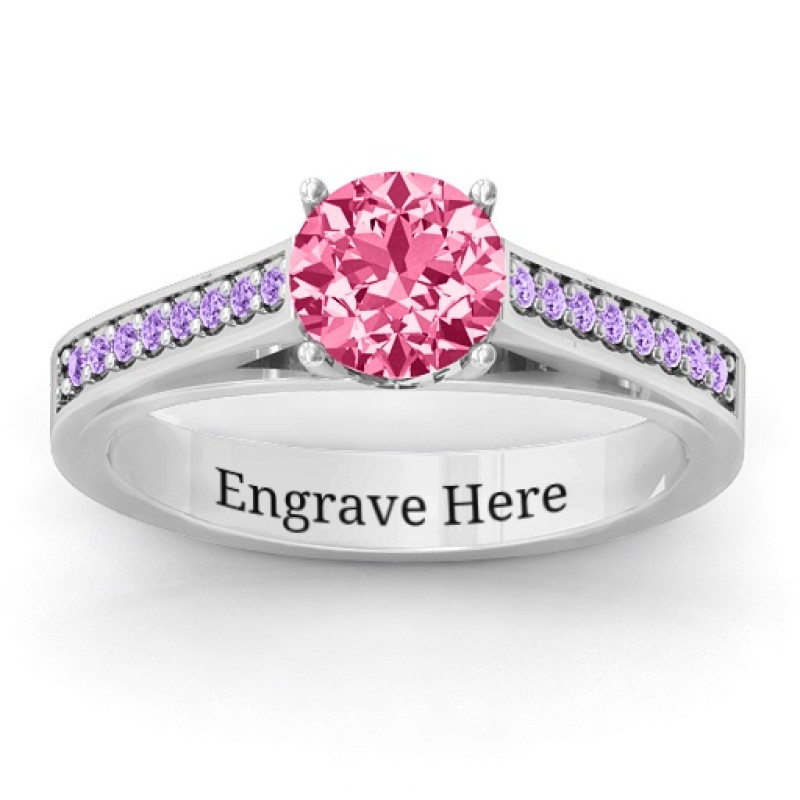 Large round solitaire ring with channel-set accent stones, gallery view