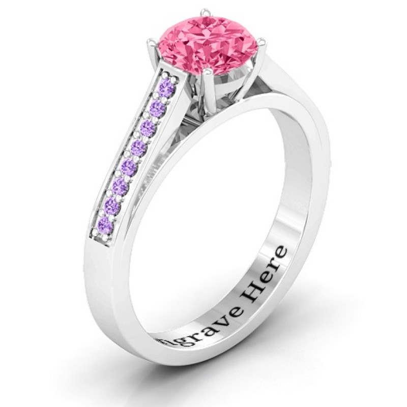 Large round solitaire ring with channel-set accent stones, gallery view