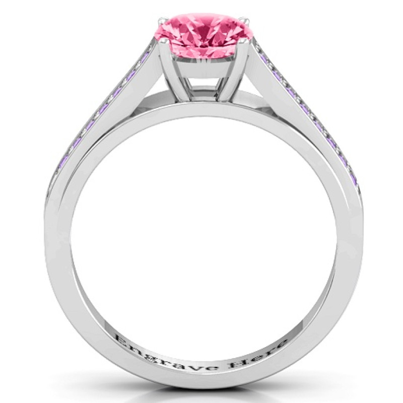 Large round solitaire ring with channel-set accent stones, gallery view