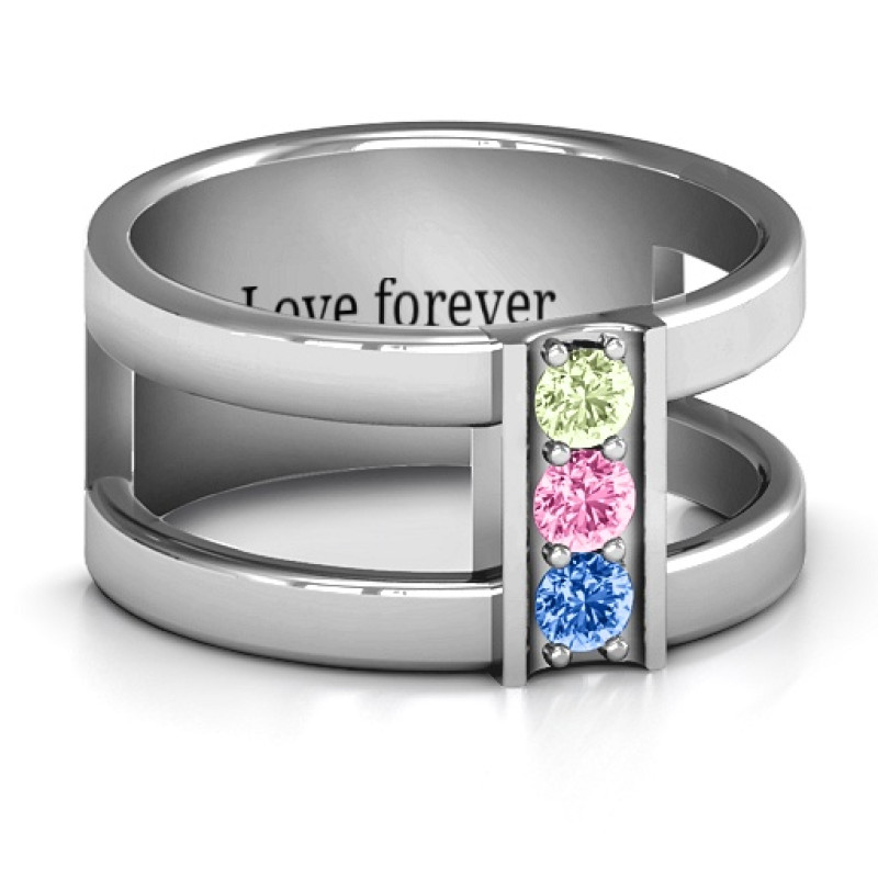 Layers of Love Ring with geometric cage-style band and three centre stones