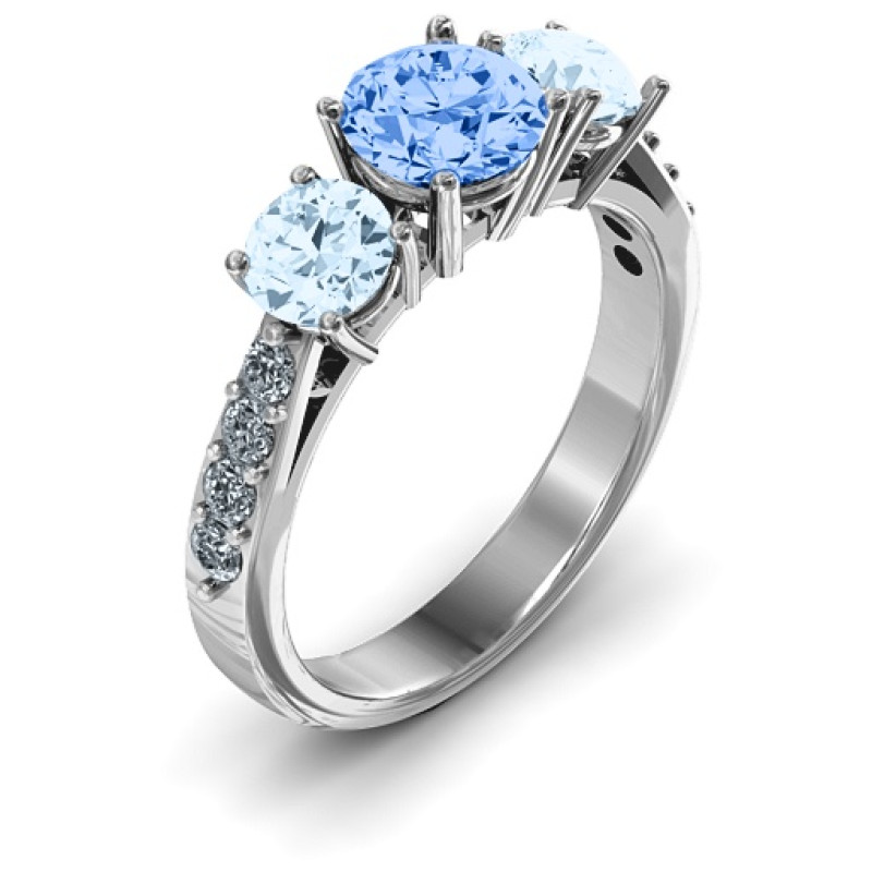 Majestic three stone eternity ring with round stones and accent details