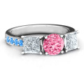 Three Stone Eternity Ring with Twin Accents Three stone eternity ring with round centre stone, princess-cut side stones and twin accent rows