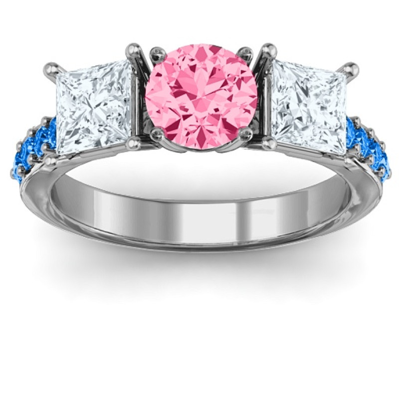 Three Stone Eternity Ring with Twin Accents Three stone eternity ring with round centre stone, princess-cut side stones and twin accent rows