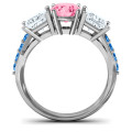Three Stone Eternity Ring with Twin Accents Three stone eternity ring with round centre stone, princess-cut side stones and twin accent rows