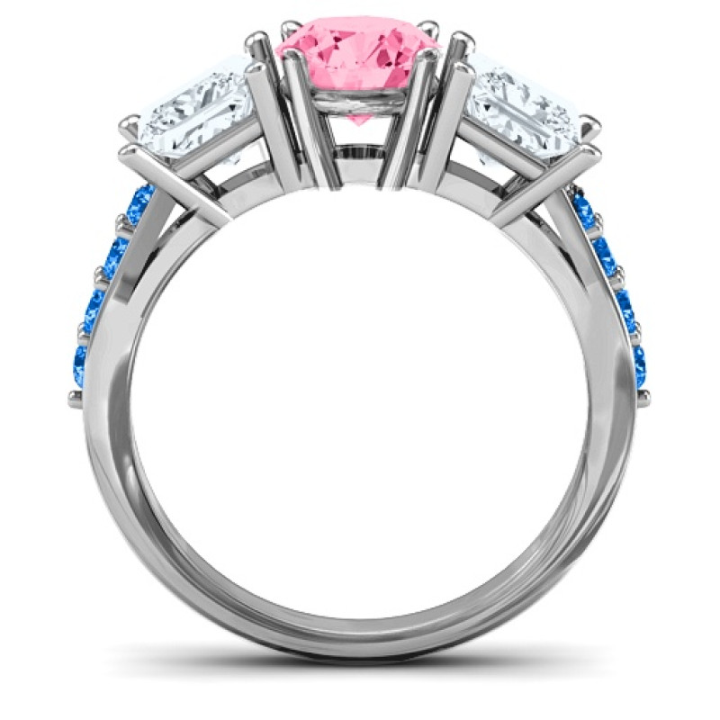Three Stone Eternity Ring with Twin Accents Three stone eternity ring with round centre stone, princess-cut side stones and twin accent rows