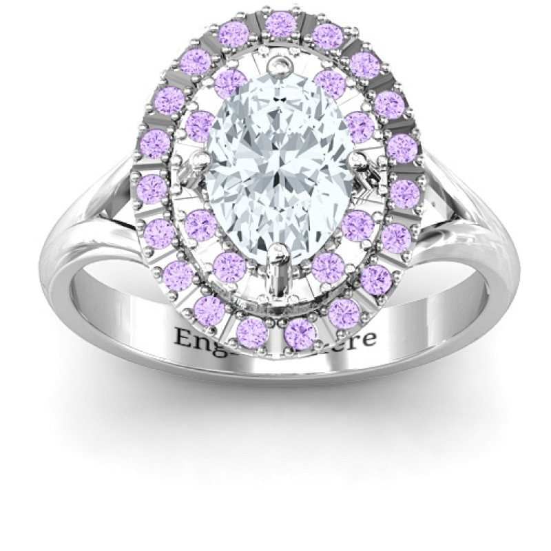 Margaret Double Halo Ring with oval centre stone and round accent stones
