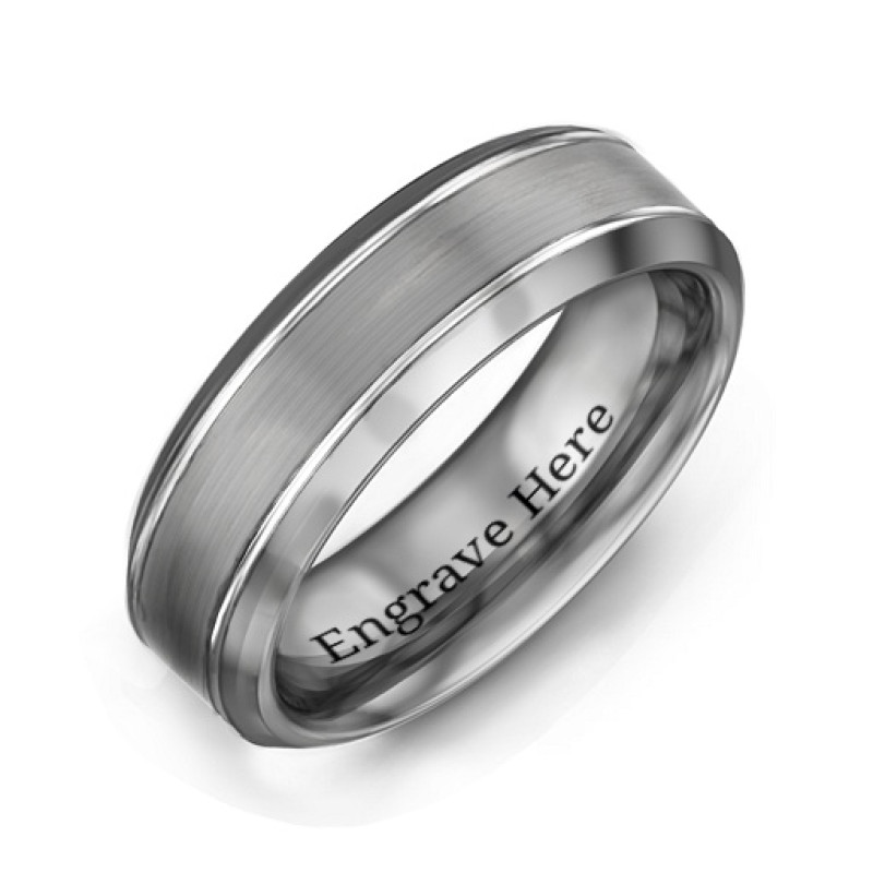 Men's Beveled Edge Brushed Centre Tungsten Ring Men's beveled edge tungsten ring with brushed centre