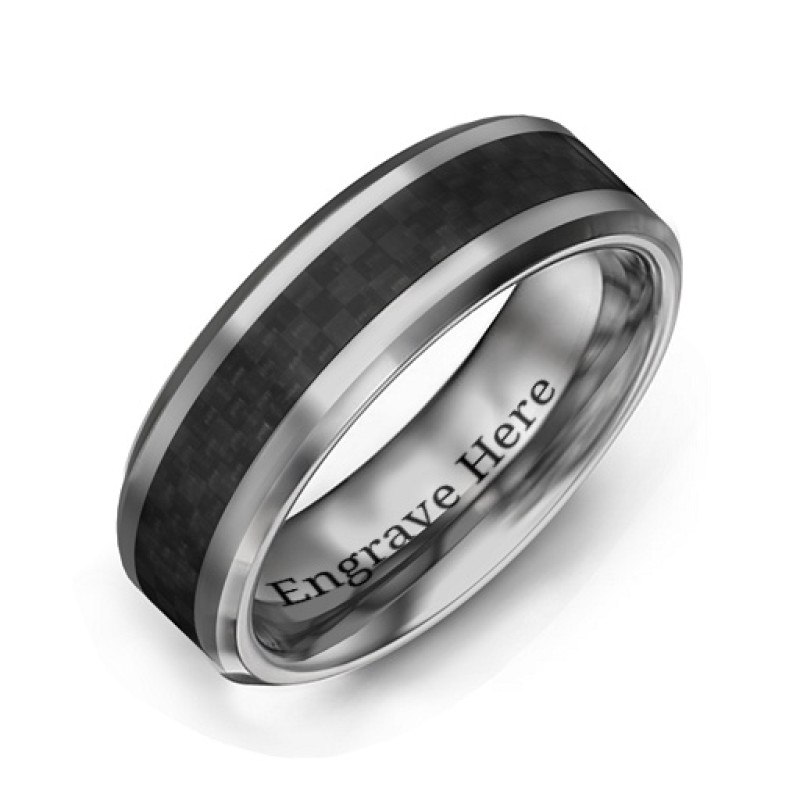 Men's polished tungsten ring with black carbon fiber geometric inlay