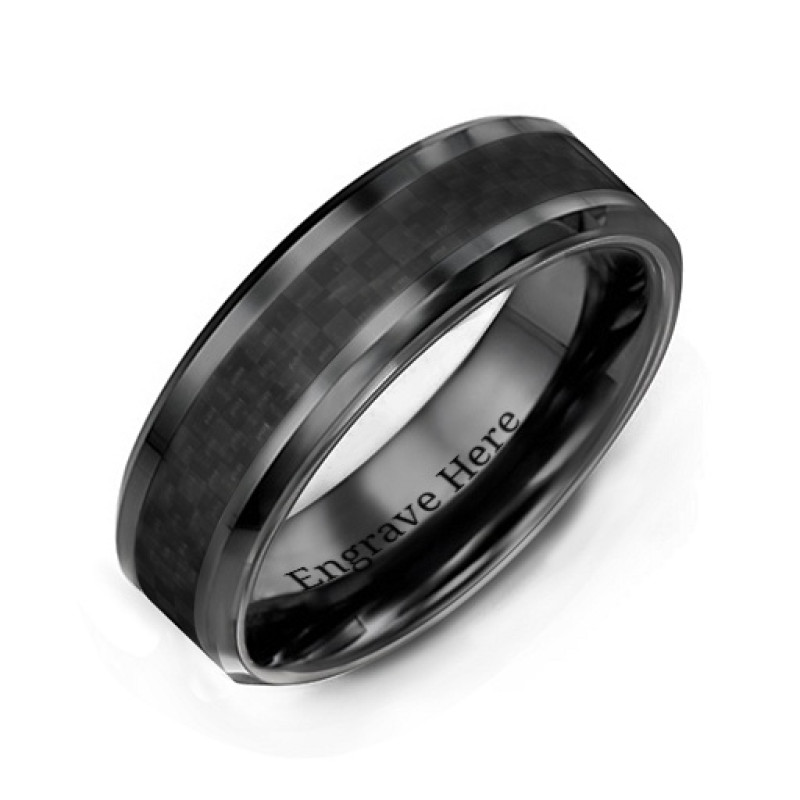 Men's Black Nightfall Ceramic Ring with black carbon fiber detail