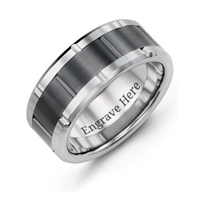 Men's grooved bicolour tungsten ring