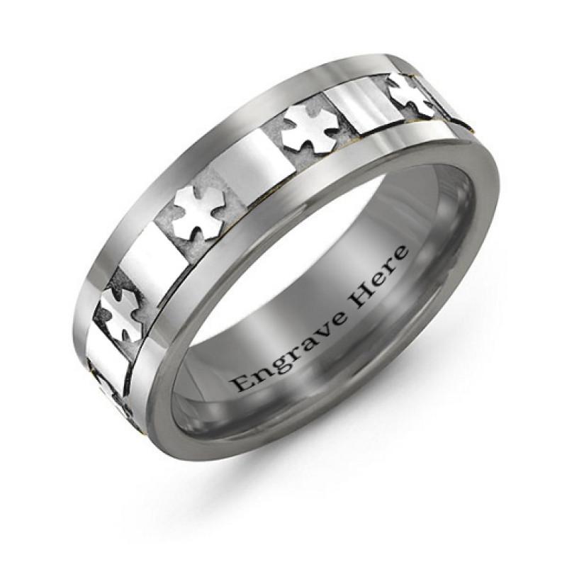 Men's Polished Crosses Tungsten Band Ring Men's polished tungsten band ring with cross design