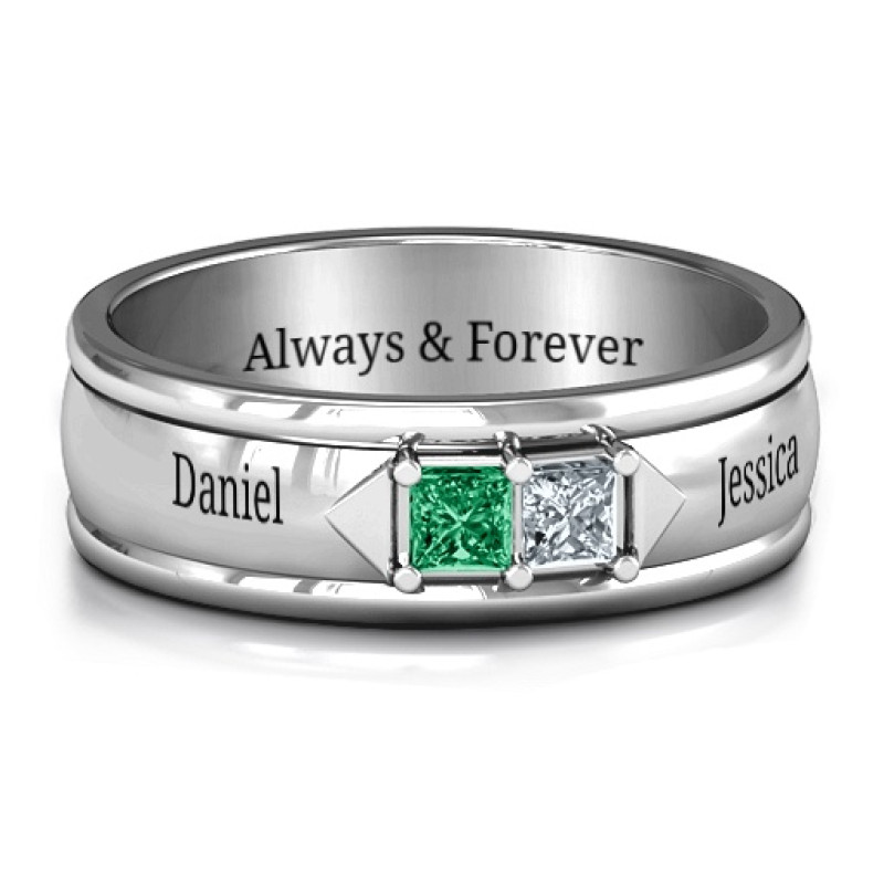 Men's Timeless Romance Ring Men's Timeless Romance Ring with two princess-cut gemstones and a curved triangular-detail band