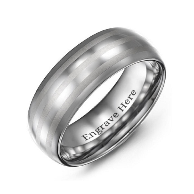 Men's tungsten ring with polished edges and three satin centre stripes