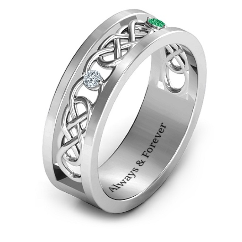 Men's two-stone interwoven infinity band ring detail view